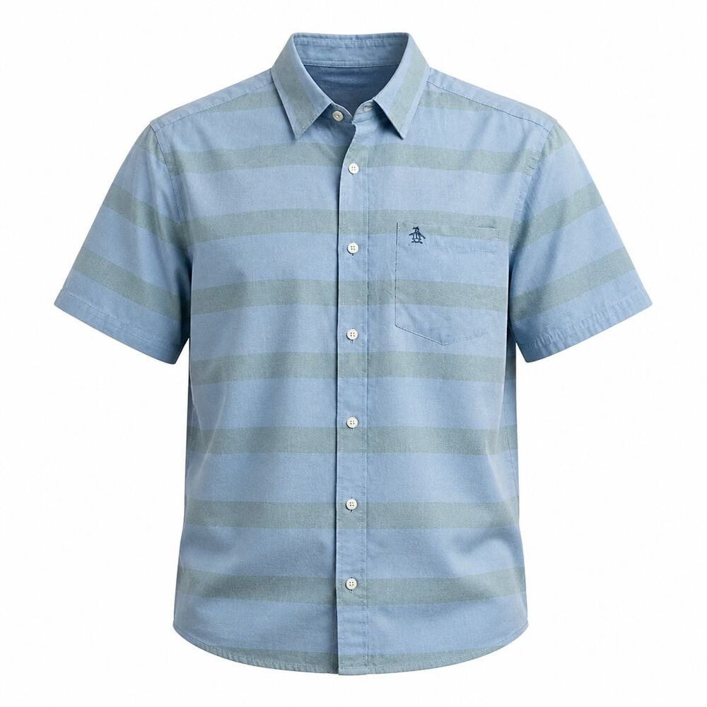 Original Penguin Men's Classic Fit Striped Short Sleeve Button Up Shirt Blue L